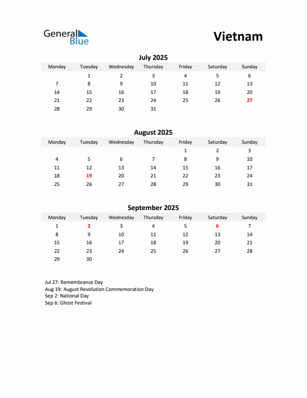 Printable Quarterly Calendar with Notes and Vietnam Holidays- Q3 of 2025