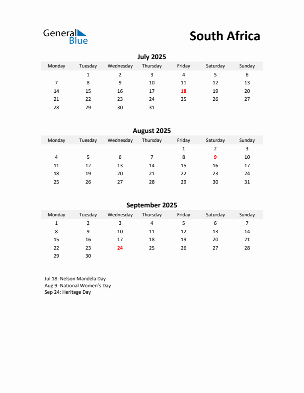 Printable Quarterly Calendar with Notes and South Africa Holidays- Q3 of 2025