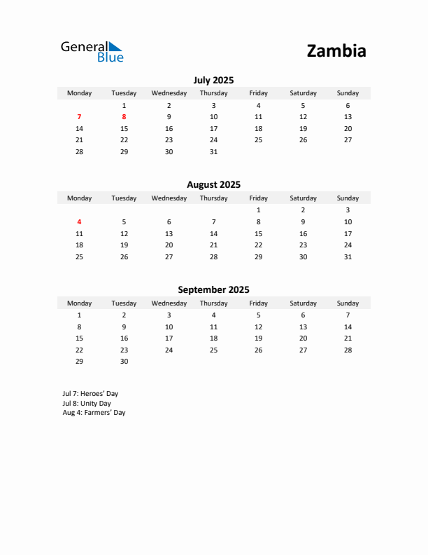 Printable Quarterly Calendar with Notes and Zambia Holidays- Q3 of 2025