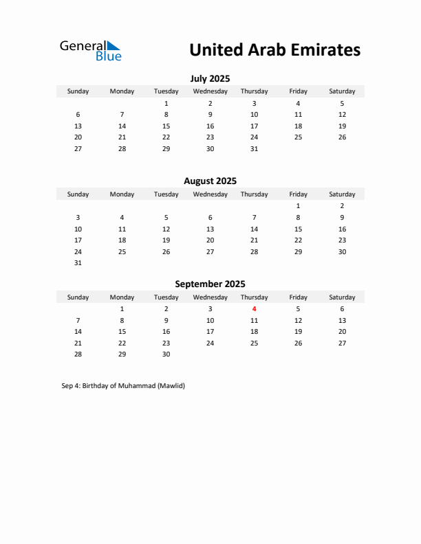 Printable Quarterly Calendar with Notes and United Arab Emirates Holidays- Q3 of 2025