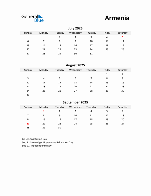 Printable Quarterly Calendar with Notes and Armenia Holidays- Q3 of 2025