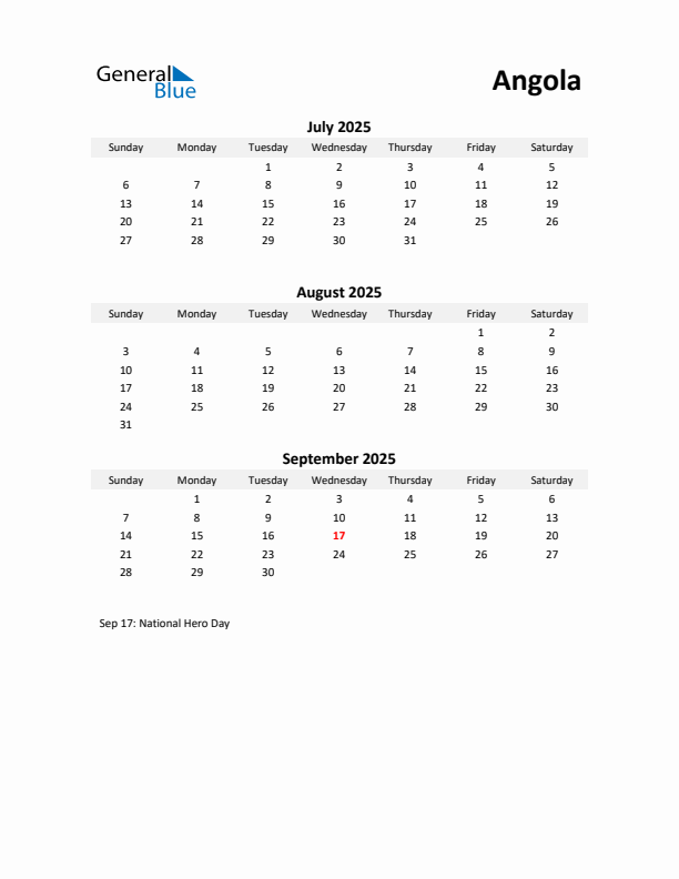 Printable Quarterly Calendar with Notes and Angola Holidays- Q3 of 2025