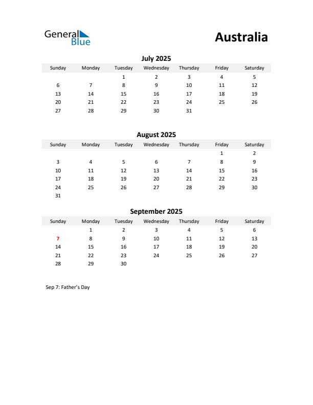 Printable Quarterly Calendar with Notes and Australia Holidays- Q3 of 2025