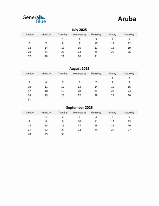 Printable Quarterly Calendar with Notes and Aruba Holidays- Q3 of 2025