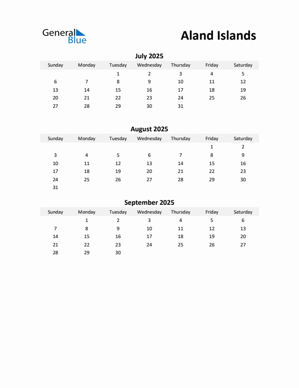 Printable Quarterly Calendar with Notes and Aland Islands Holidays- Q3 of 2025