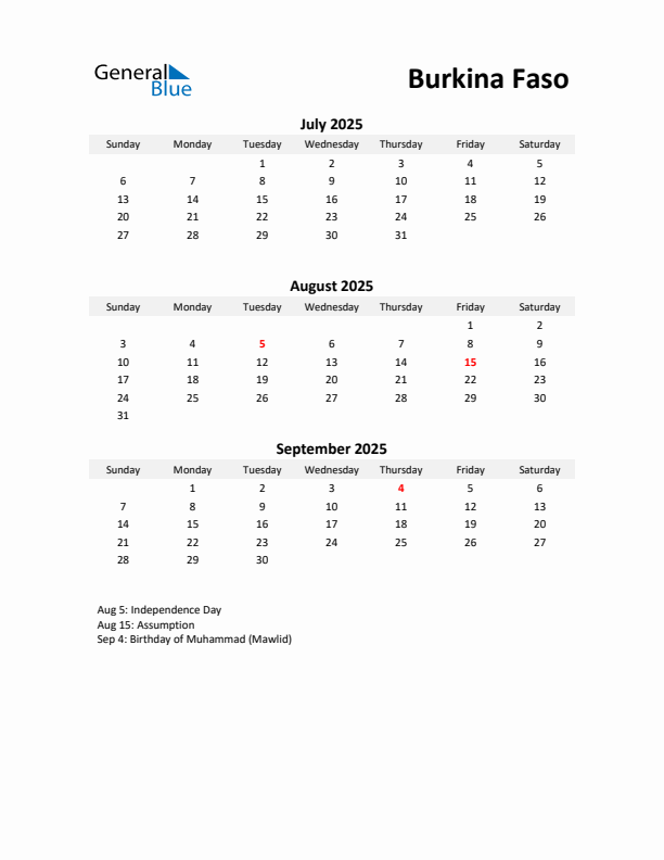 Printable Quarterly Calendar with Notes and Burkina Faso Holidays- Q3 of 2025