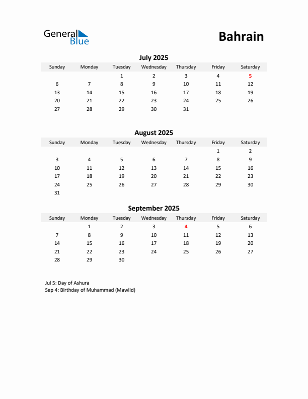 Printable Quarterly Calendar with Notes and Bahrain Holidays- Q3 of 2025