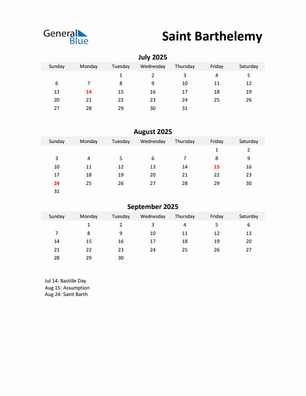 Printable Quarterly Calendar with Notes and Saint Barthelemy Holidays- Q3 of 2025