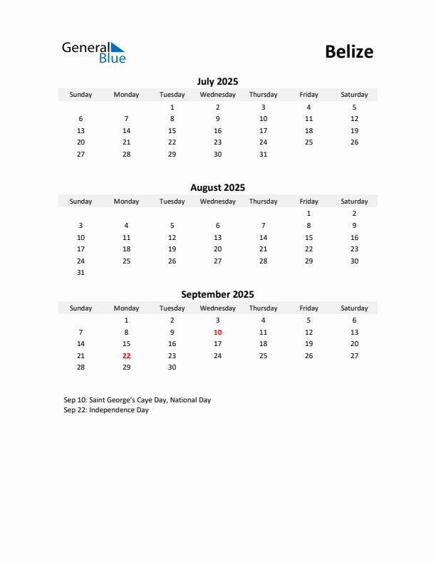 Printable Quarterly Calendar with Notes and Belize Holidays- Q3 of 2025