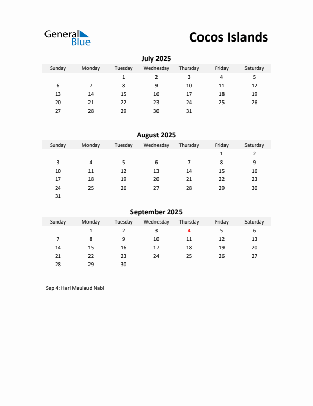 Printable Quarterly Calendar with Notes and Cocos Islands Holidays- Q3 of 2025