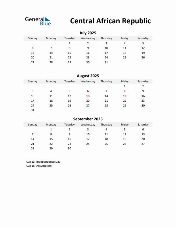 Printable Quarterly Calendar with Notes and Central African Republic Holidays- Q3 of 2025