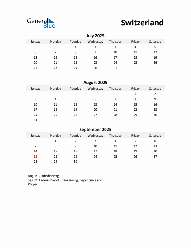 Printable Quarterly Calendar with Notes and Switzerland Holidays- Q3 of 2025