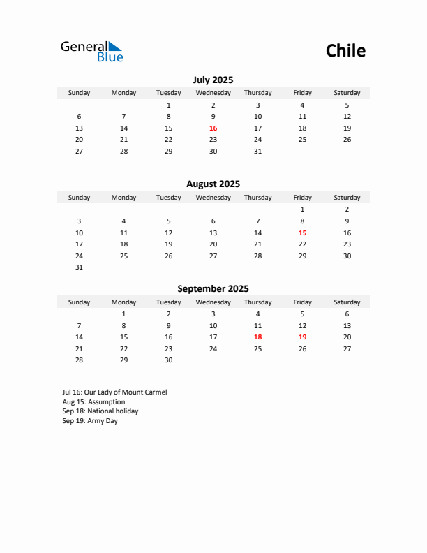 Printable Quarterly Calendar with Notes and Chile Holidays- Q3 of 2025