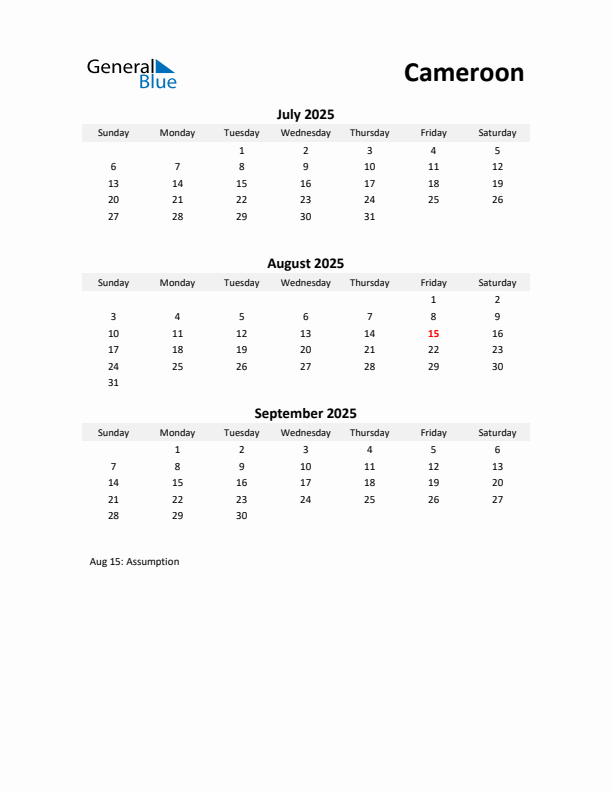 Printable Quarterly Calendar with Notes and Cameroon Holidays- Q3 of 2025