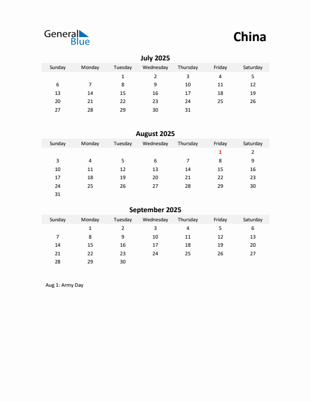 Printable Quarterly Calendar with Notes and China Holidays- Q3 of 2025