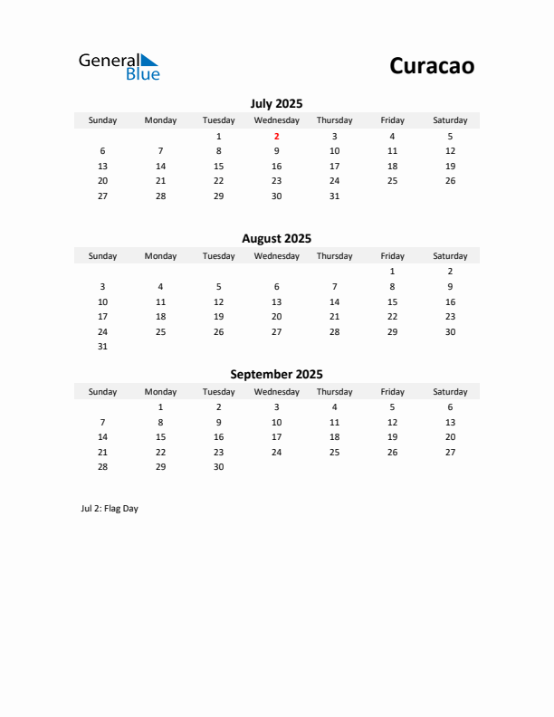 Printable Quarterly Calendar with Notes and Curacao Holidays- Q3 of 2025