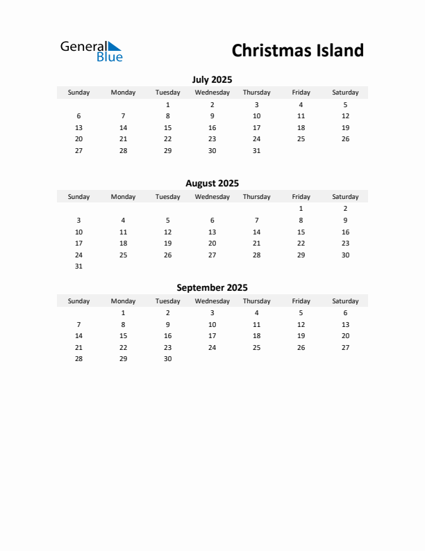 Printable Quarterly Calendar with Notes and Christmas Island Holidays- Q3 of 2025