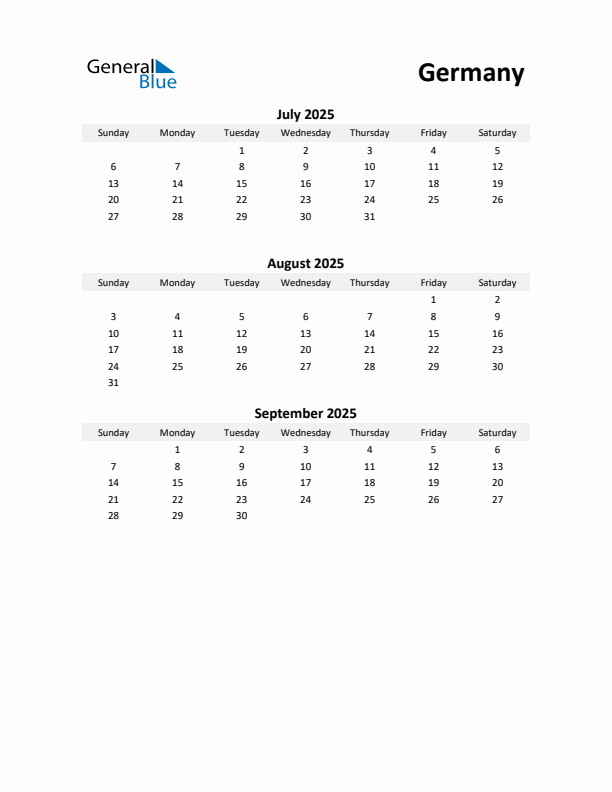 Printable Quarterly Calendar with Notes and Germany Holidays- Q3 of 2025