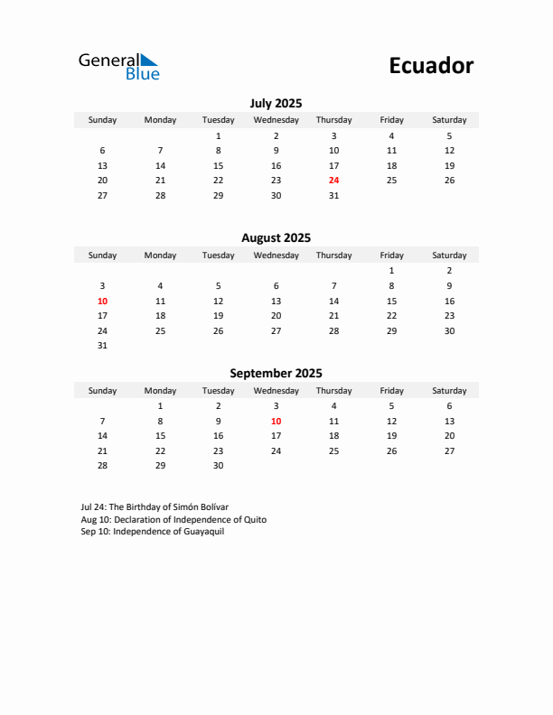 Printable Quarterly Calendar with Notes and Ecuador Holidays- Q3 of 2025