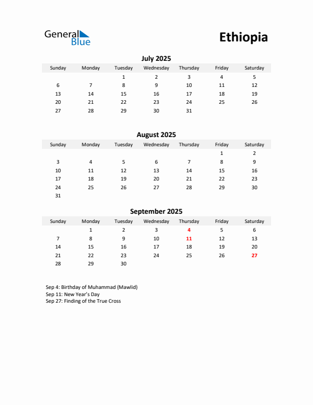 Printable Quarterly Calendar with Notes and Ethiopia Holidays- Q3 of 2025