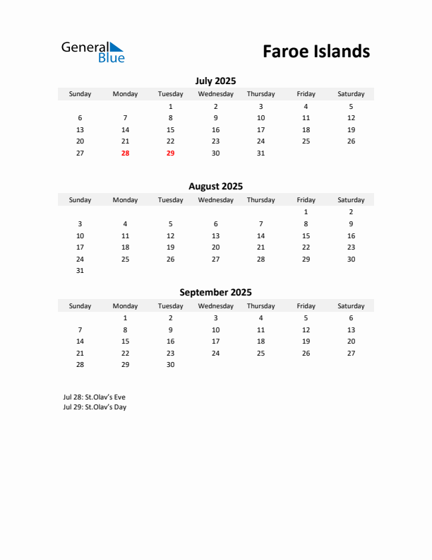 Printable Quarterly Calendar with Notes and Faroe Islands Holidays- Q3 of 2025