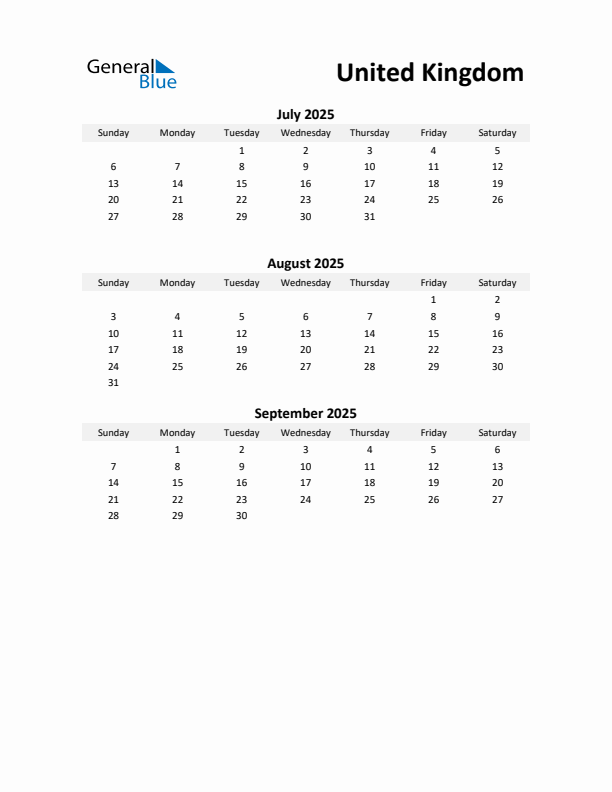 Printable Quarterly Calendar with Notes and United Kingdom Holidays- Q3 of 2025