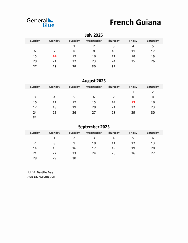 Printable Quarterly Calendar with Notes and French Guiana Holidays- Q3 of 2025