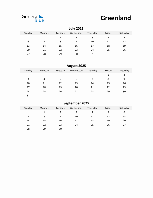 Printable Quarterly Calendar with Notes and Greenland Holidays- Q3 of 2025