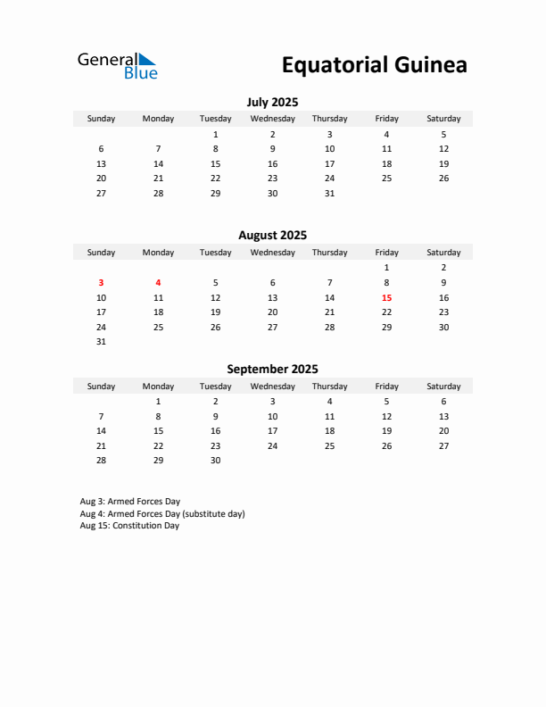 Printable Quarterly Calendar with Notes and Equatorial Guinea Holidays- Q3 of 2025