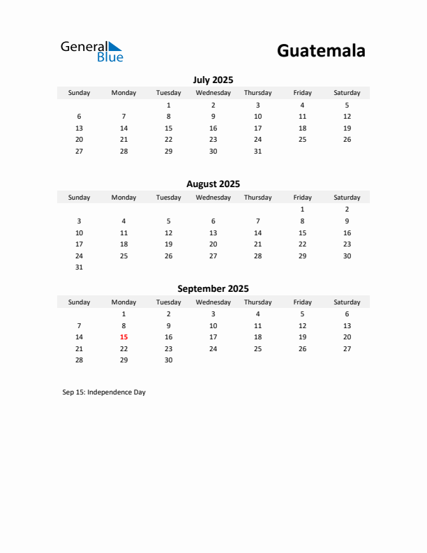 Printable Quarterly Calendar with Notes and Guatemala Holidays- Q3 of 2025