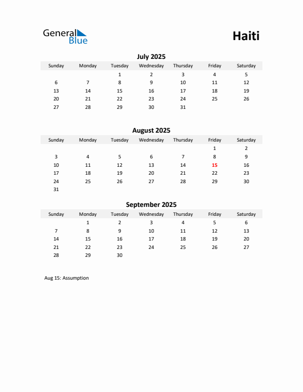 Printable Quarterly Calendar with Notes and Haiti Holidays- Q3 of 2025