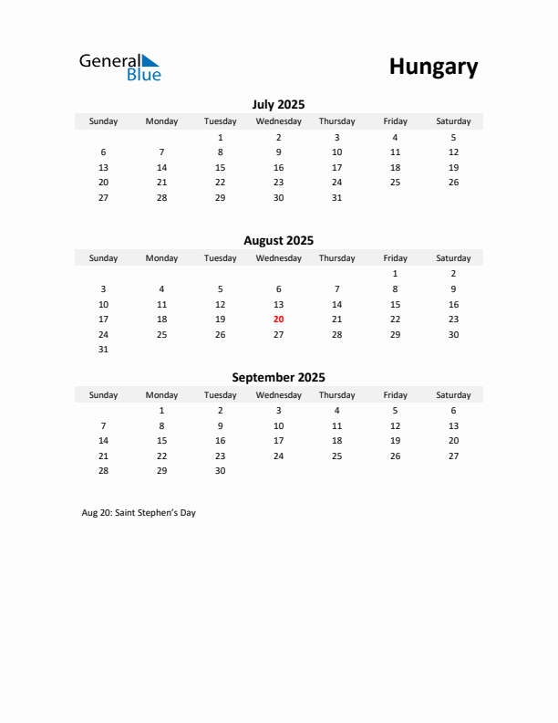 Printable Quarterly Calendar with Notes and Hungary Holidays- Q3 of 2025