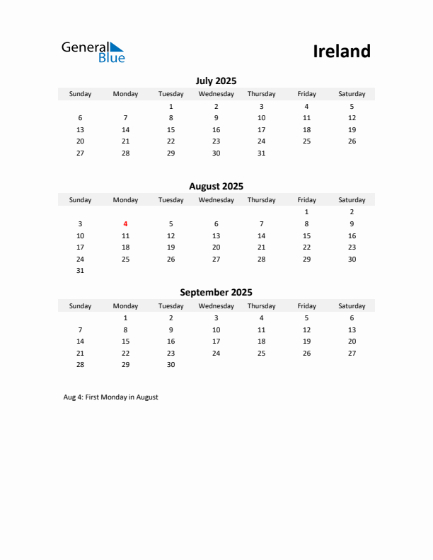 Printable Quarterly Calendar with Notes and Ireland Holidays- Q3 of 2025