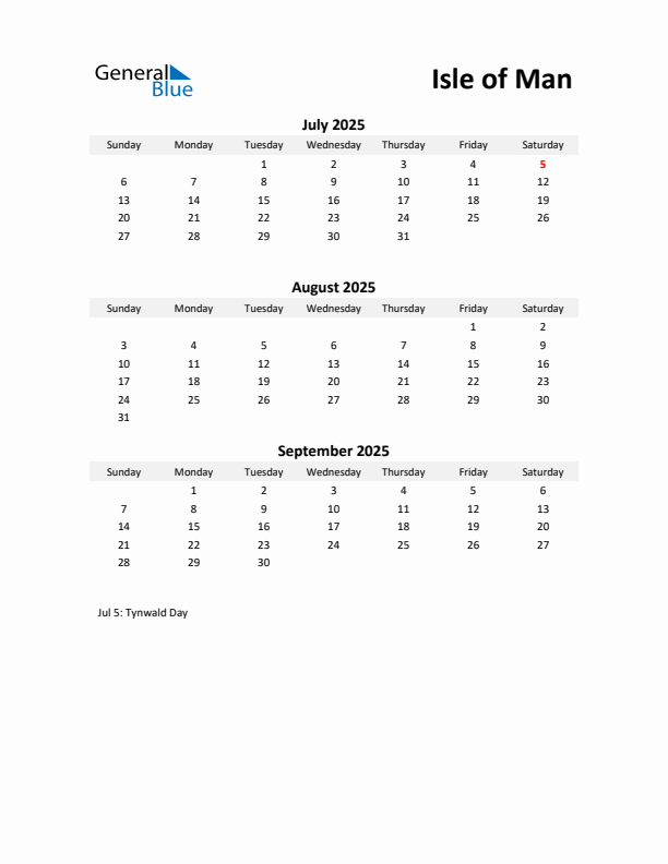 Printable Quarterly Calendar with Notes and Isle of Man Holidays- Q3 of 2025