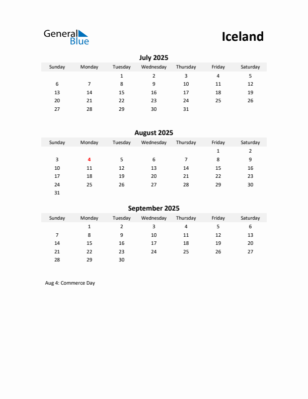 Printable Quarterly Calendar with Notes and Iceland Holidays- Q3 of 2025