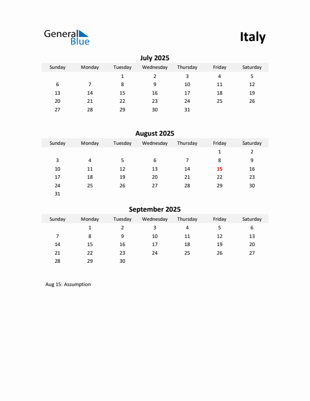 Printable Quarterly Calendar with Notes and Italy Holidays- Q3 of 2025