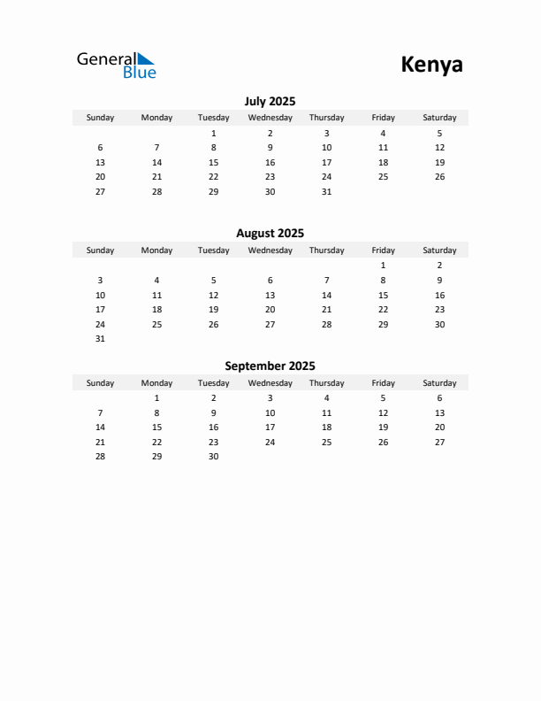 Printable Quarterly Calendar with Notes and Kenya Holidays- Q3 of 2025