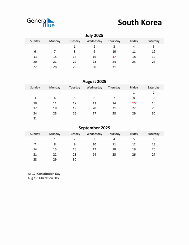 Printable Quarterly Calendar with Notes and South Korea Holidays- Q3 of 2025