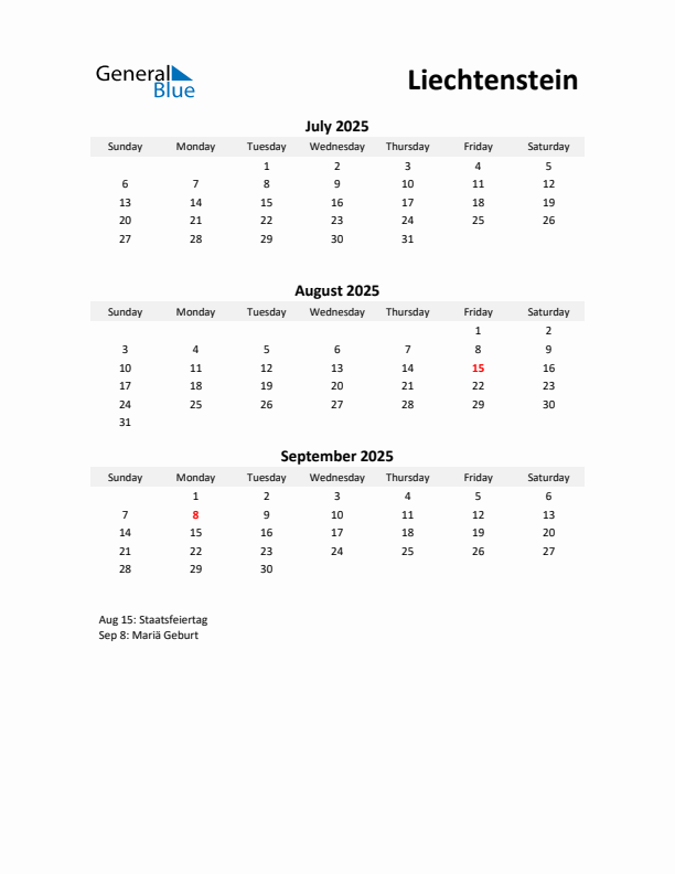 Printable Quarterly Calendar with Notes and Liechtenstein Holidays- Q3 of 2025