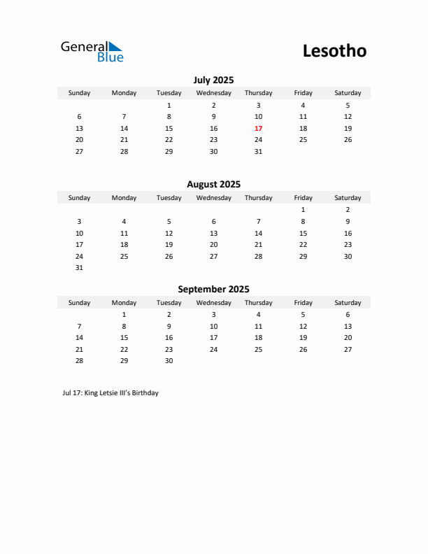 Printable Quarterly Calendar with Notes and Lesotho Holidays- Q3 of 2025