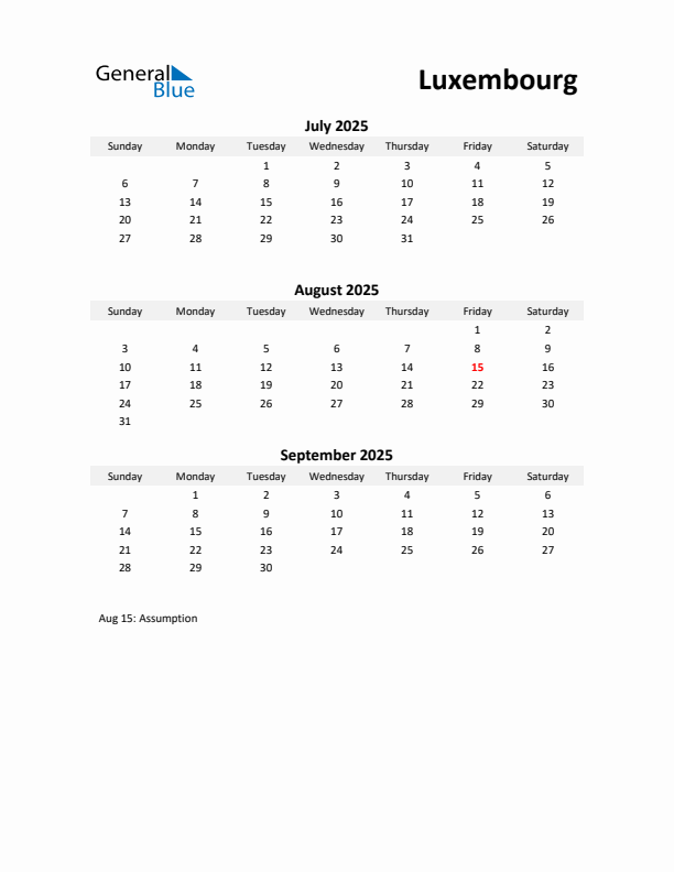 Printable Quarterly Calendar with Notes and Luxembourg Holidays- Q3 of 2025