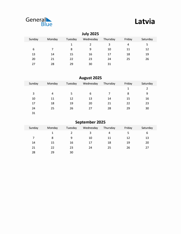 Printable Quarterly Calendar with Notes and Latvia Holidays- Q3 of 2025