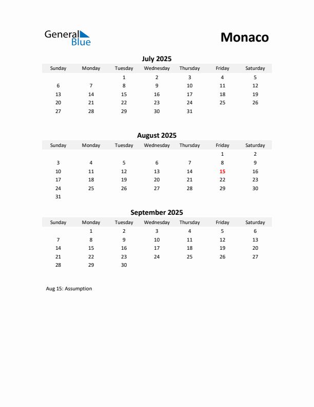 Printable Quarterly Calendar with Notes and Monaco Holidays- Q3 of 2025