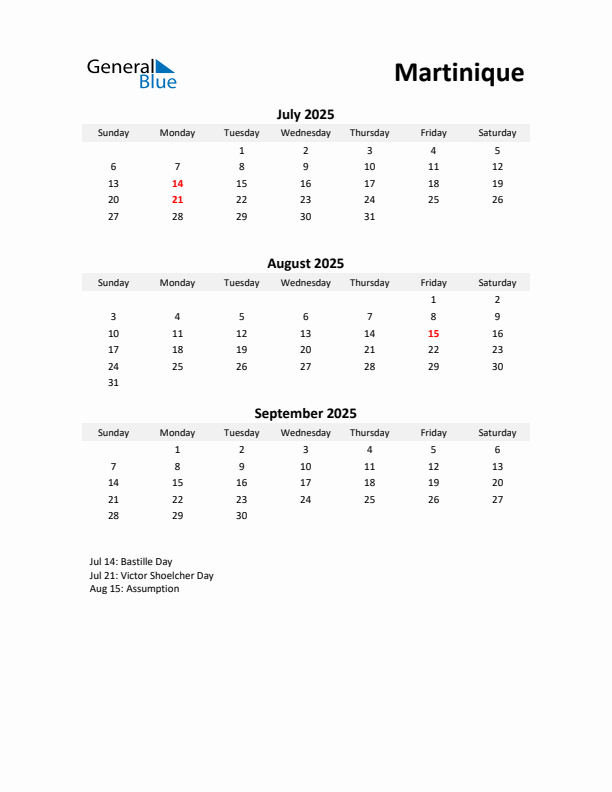 Printable Quarterly Calendar with Notes and Martinique Holidays- Q3 of 2025