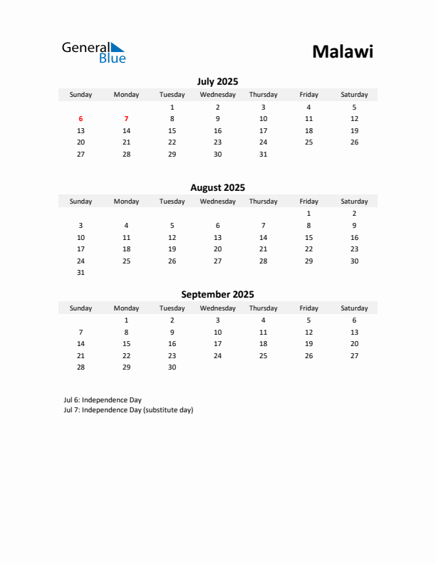 Printable Quarterly Calendar with Notes and Malawi Holidays- Q3 of 2025