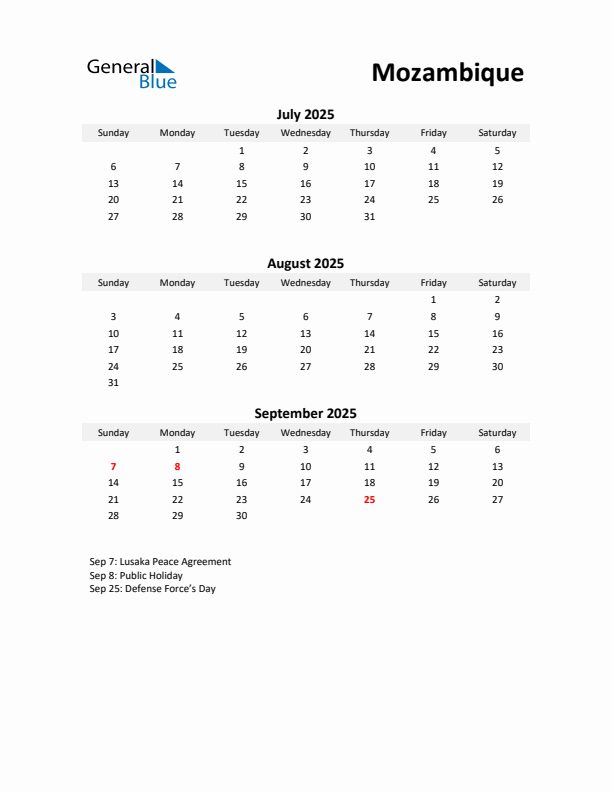 Printable Quarterly Calendar with Notes and Mozambique Holidays- Q3 of 2025