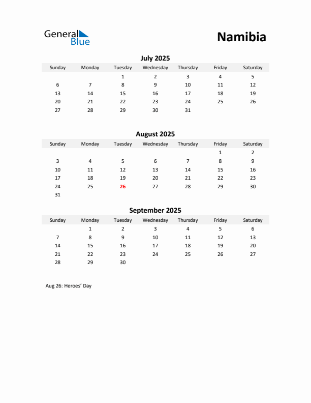 Printable Quarterly Calendar with Notes and Namibia Holidays- Q3 of 2025