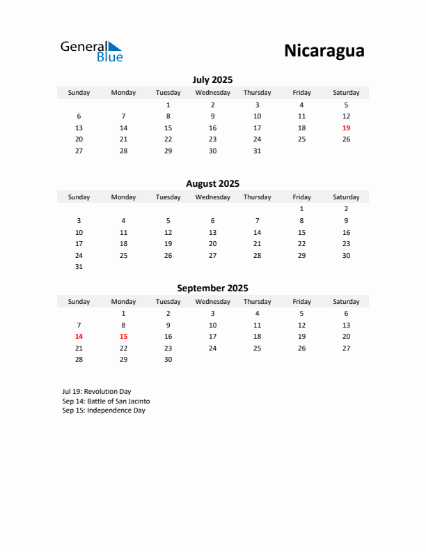 Printable Quarterly Calendar with Notes and Nicaragua Holidays- Q3 of 2025