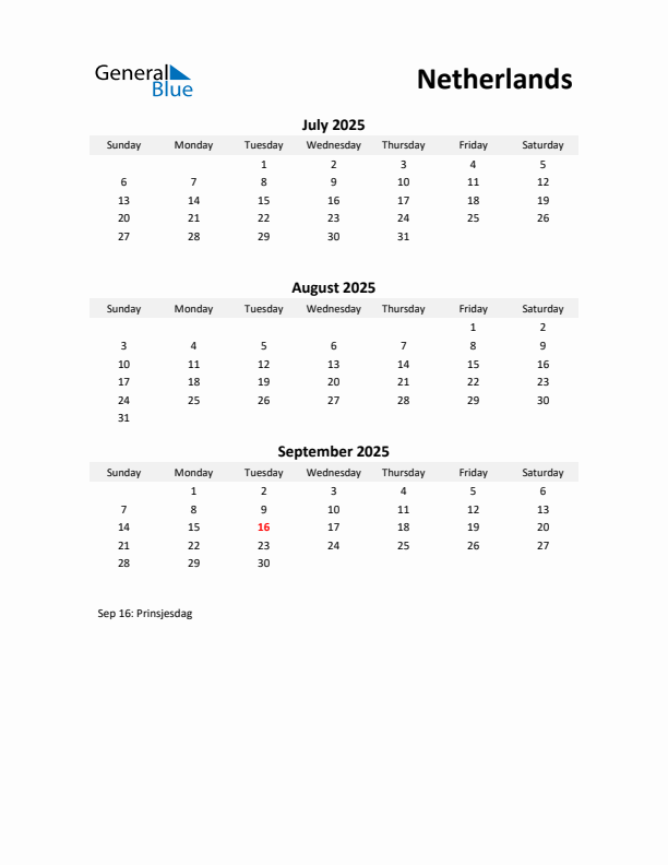 Printable Quarterly Calendar with Notes and The Netherlands Holidays- Q3 of 2025