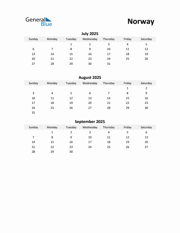 Printable Quarterly Calendar with Notes and Norway Holidays- Q3 of 2025